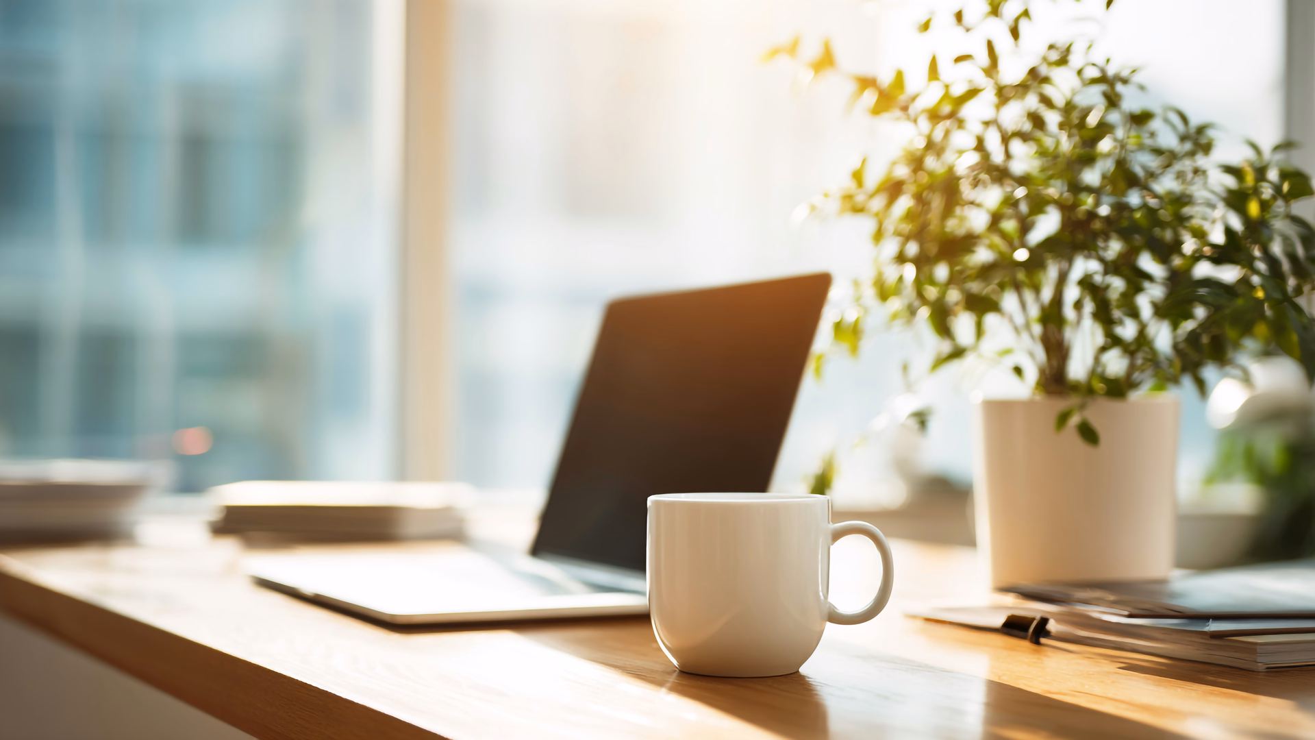 Ein Laptop, eine weiße Tasse und eine Grünpflanze stehen im Sonnenlicht auf einem Holztisch am Fenster.
