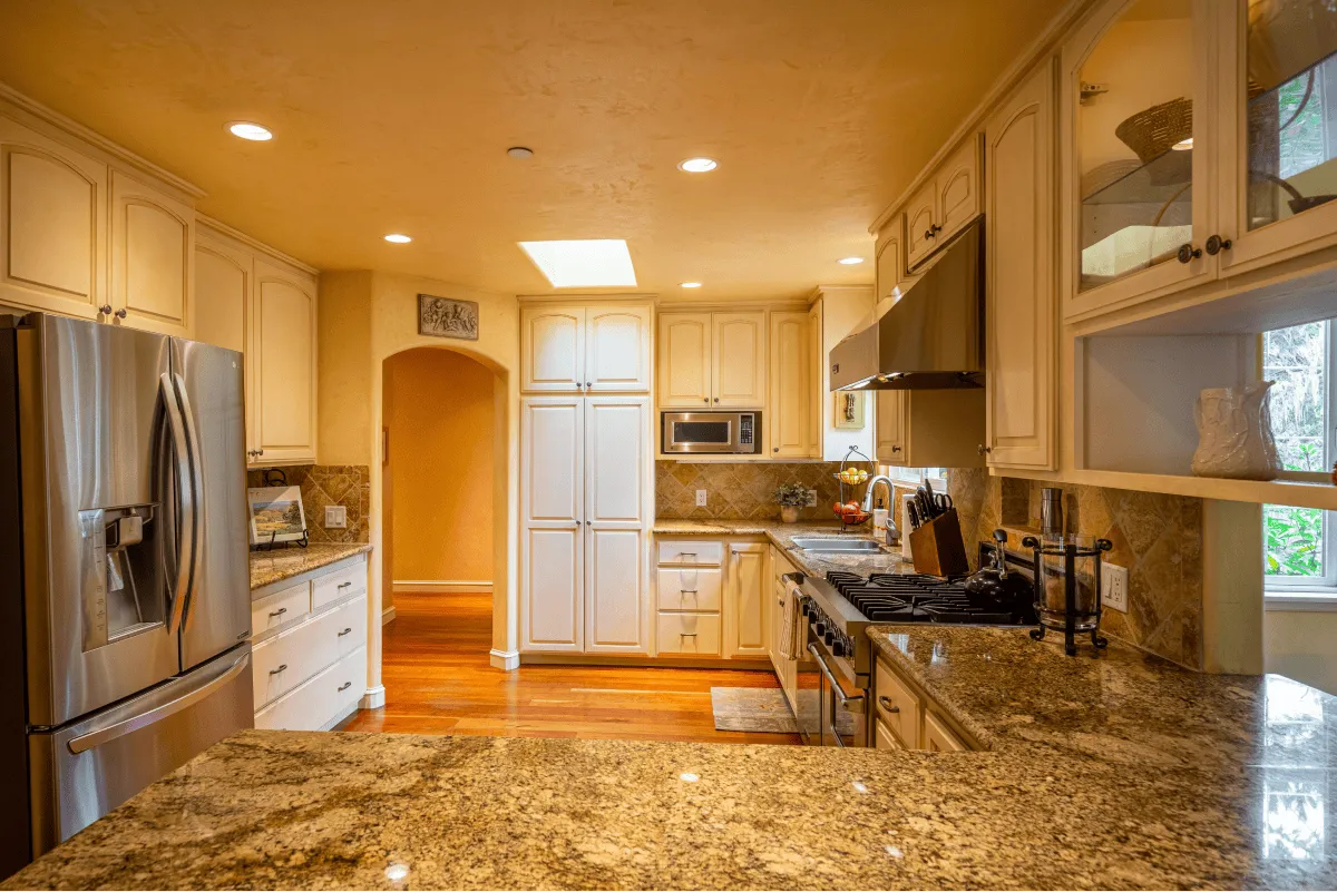 A view of the kitchen from the living room.