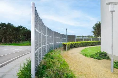 Sound absorbing steel fence placed along a curved noisy road