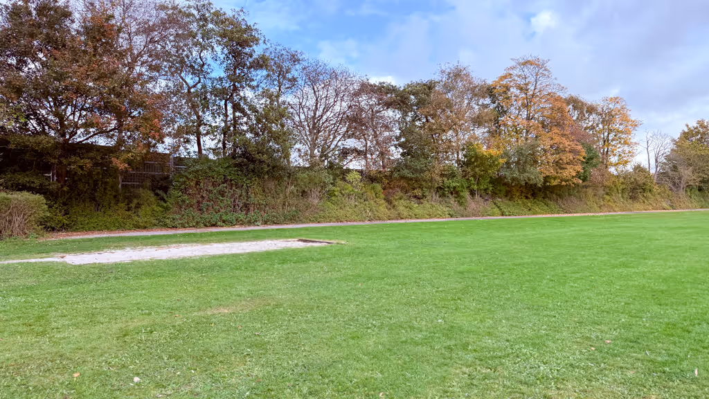 Green grass field with a sandpit in front of a row of trees under a cloudy blue sky.