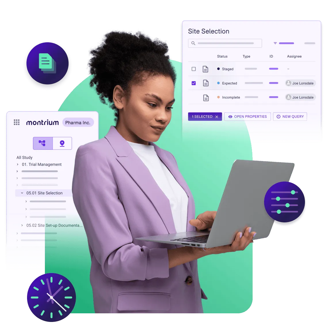 A woman looking at Montrium eTMF Connect at her computer.