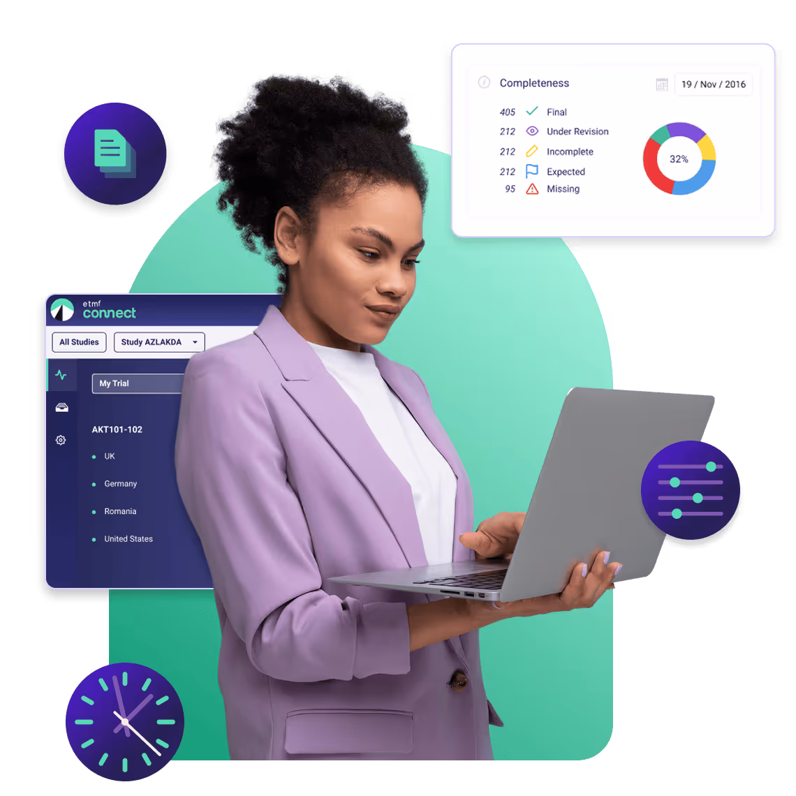 A clinical operator looking at Montrium's eTMF Connect software on her computer, looking at the status of completeness of her trial study.