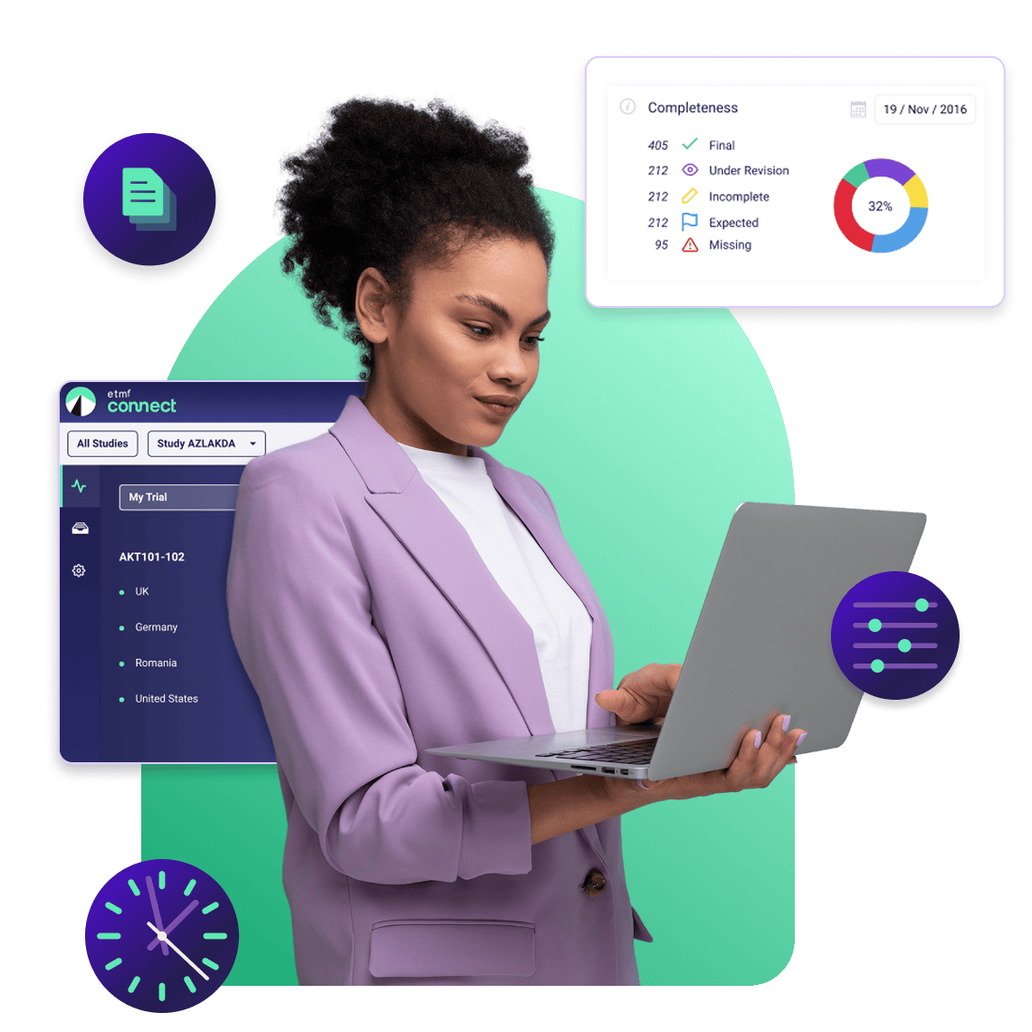 A woman looking at Montrium eTMF Connect at her computer.