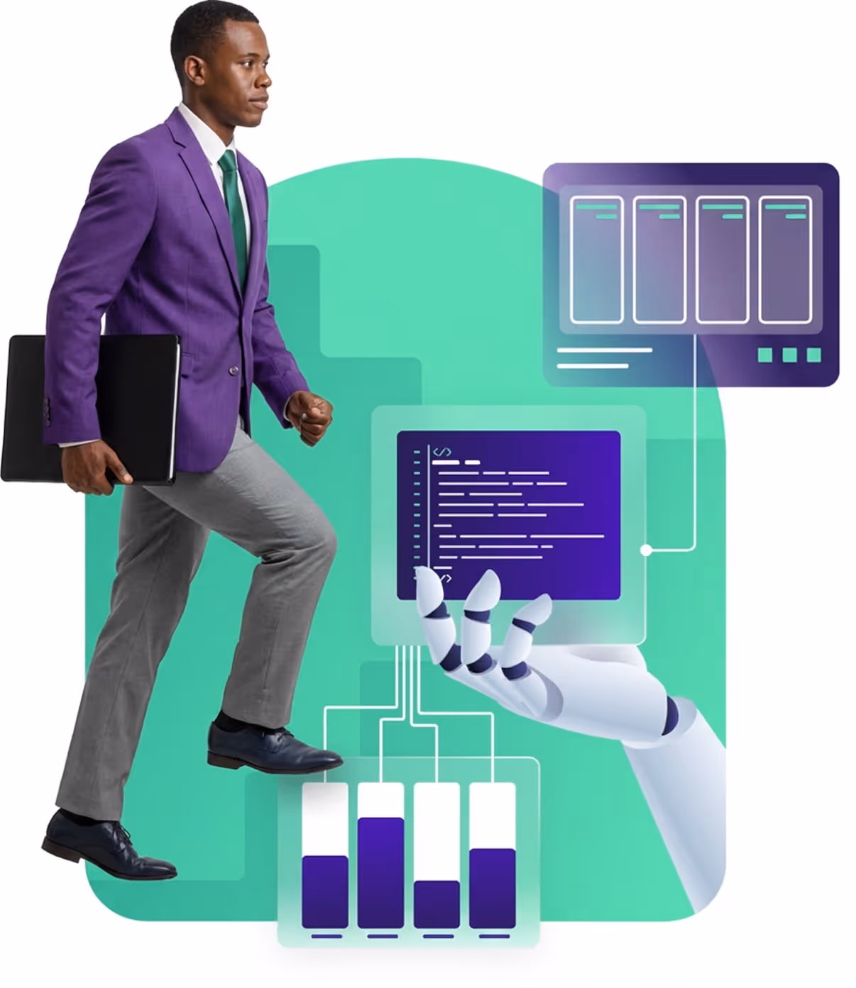 Businessman holding a laptop walking upward alongside a robotic hand displaying digital charts and code.