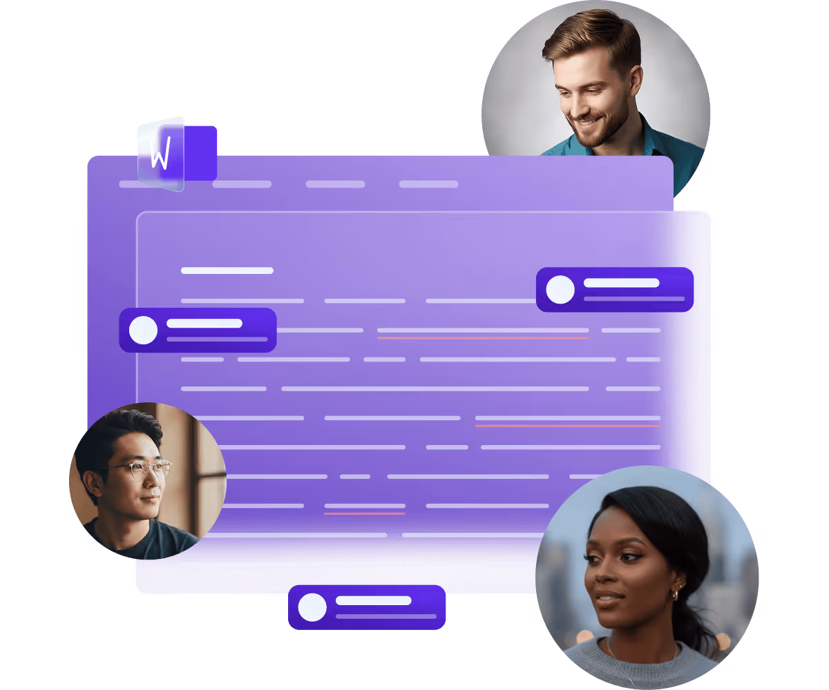 Illustration of a purple document window with comment boxes and three diverse people’s faces around it, representing collaboration.