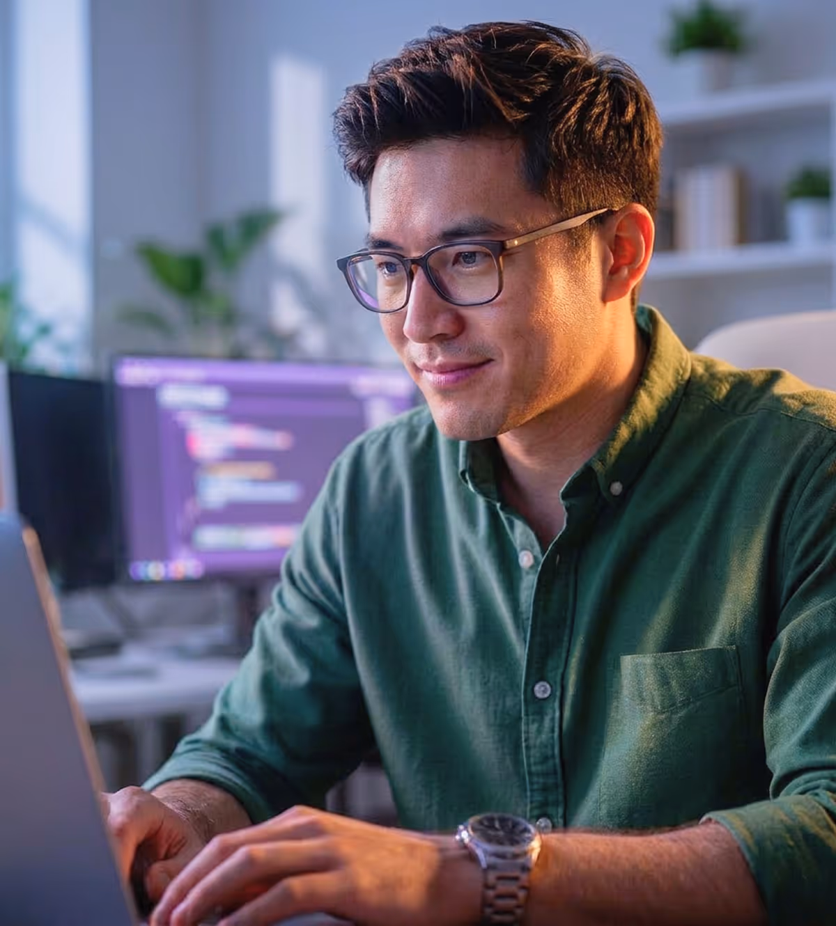 Man wearing glasses and a green shirt working on a laptop with computer screens and plants in the background.