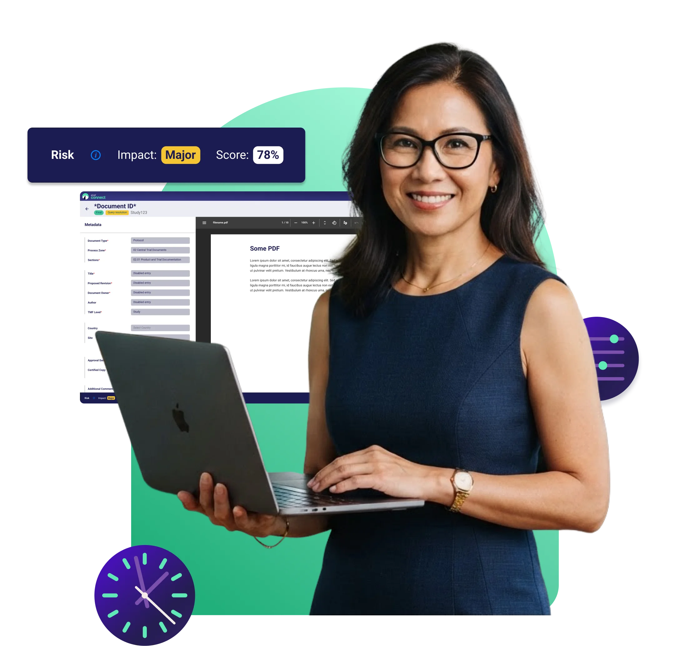A women holding her computer with eTMF's risk and oversight screenshots in the background