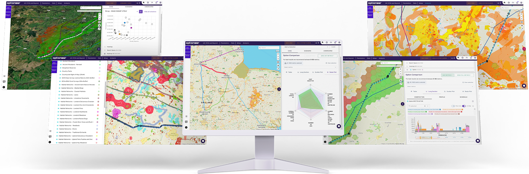 Optioneer interface showing route analysis maps and environmental data layers across multiple screens
