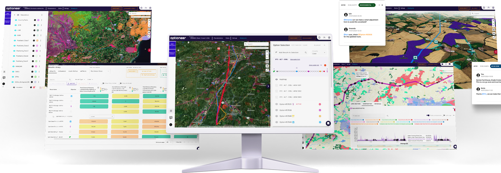 Optioneer interface showing route analysis maps and environmental data layers across multiple screens