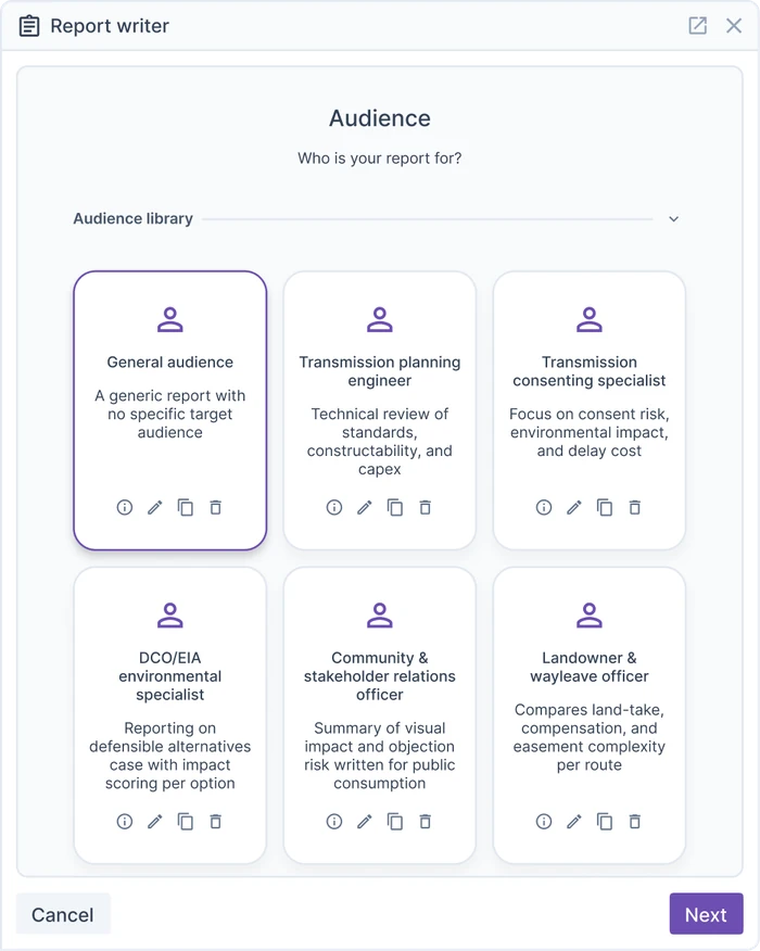 Report Writer audience picker, offering role presets such as transmission planning engineer and consenting specialist