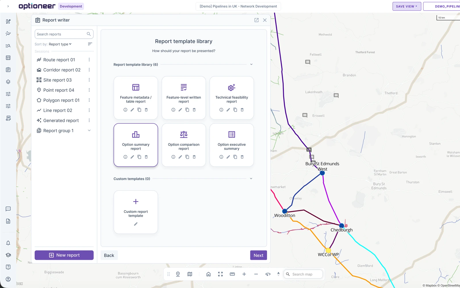 Optioneer with the Report Writer template library open over a network map of route options