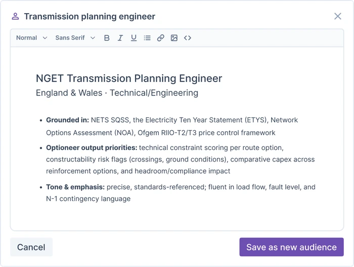 Editing the transmission planning engineer audience, setting its grounding sources and output priorities