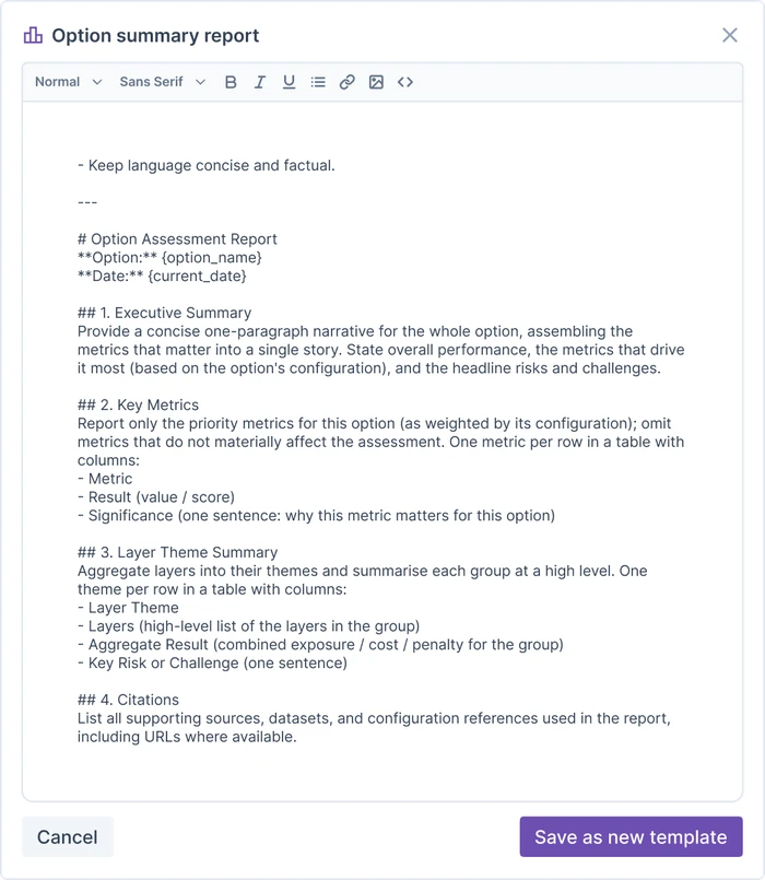 Report template editor showing the Option summary report structure