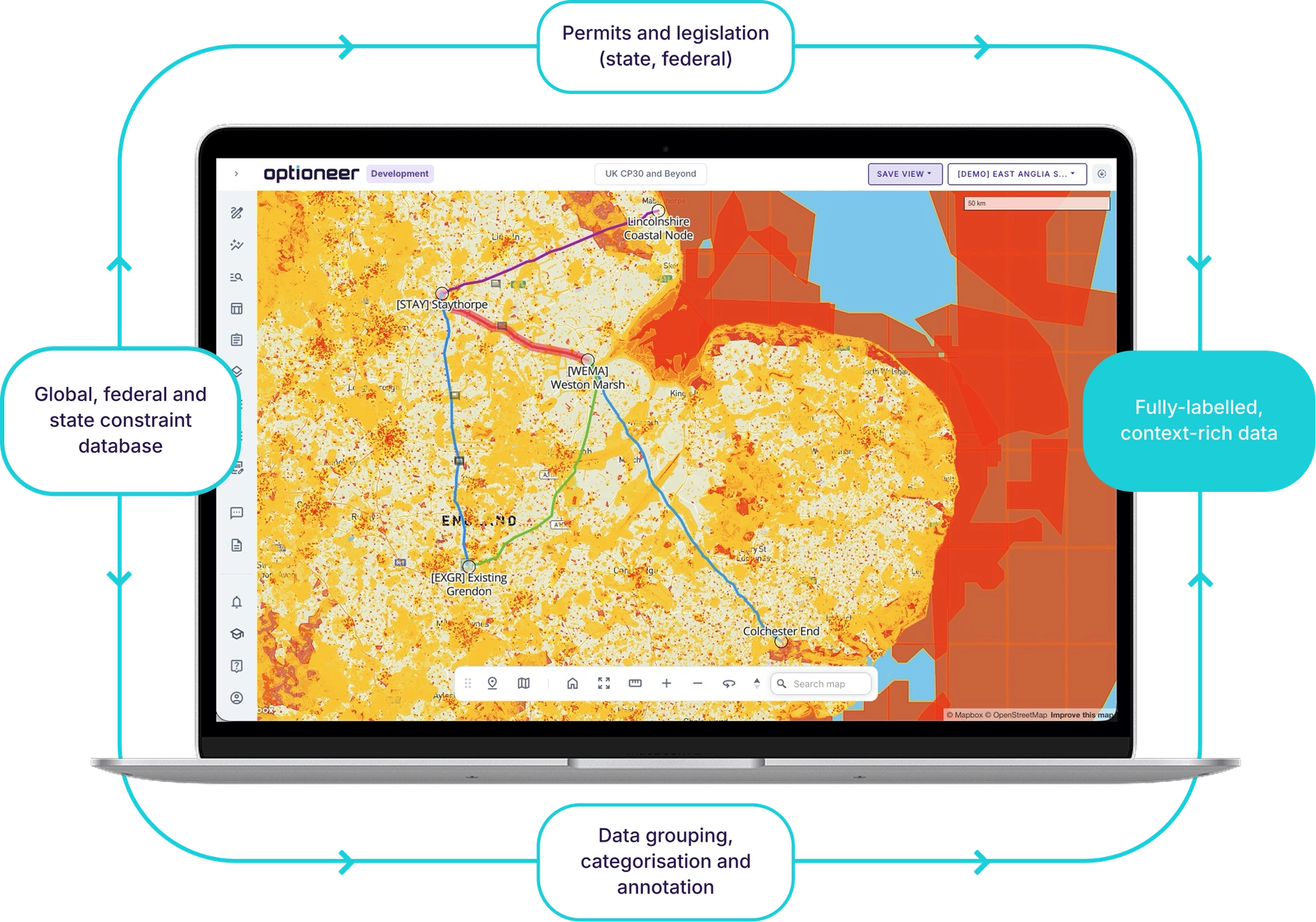 Optioneer map view with labelled constraint data callouts