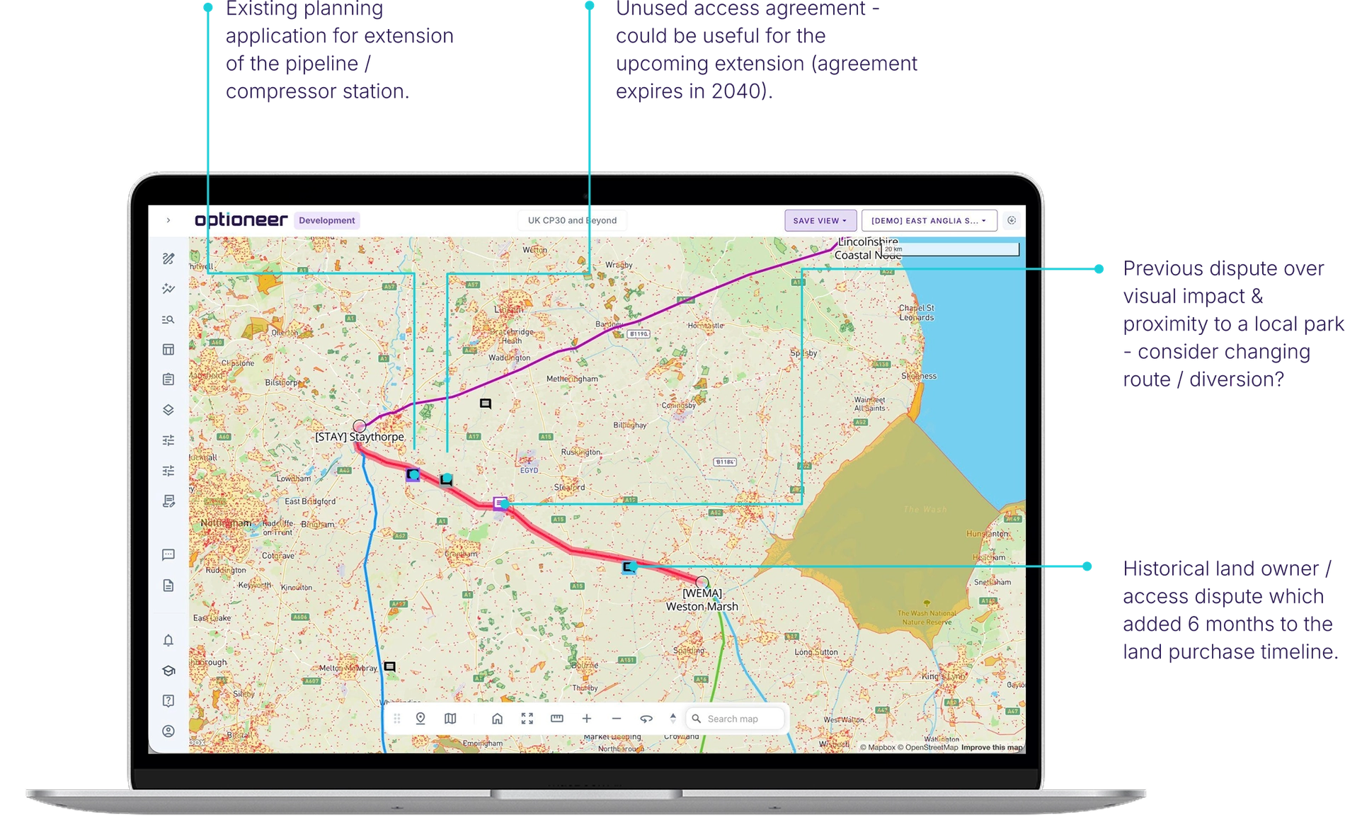 Optioneer map annotated with project comments and historical land constraints