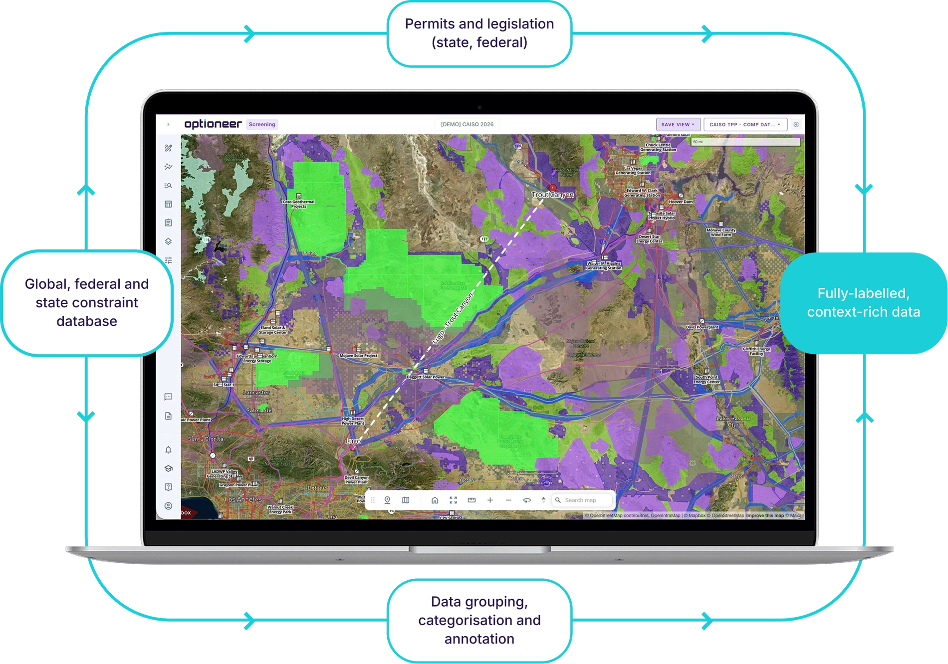 Optioneer map view with labelled constraint data callouts
