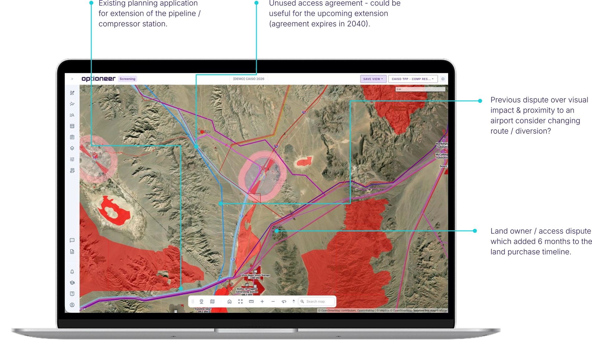 Optioneer map annotated with project comments and historical land constraints