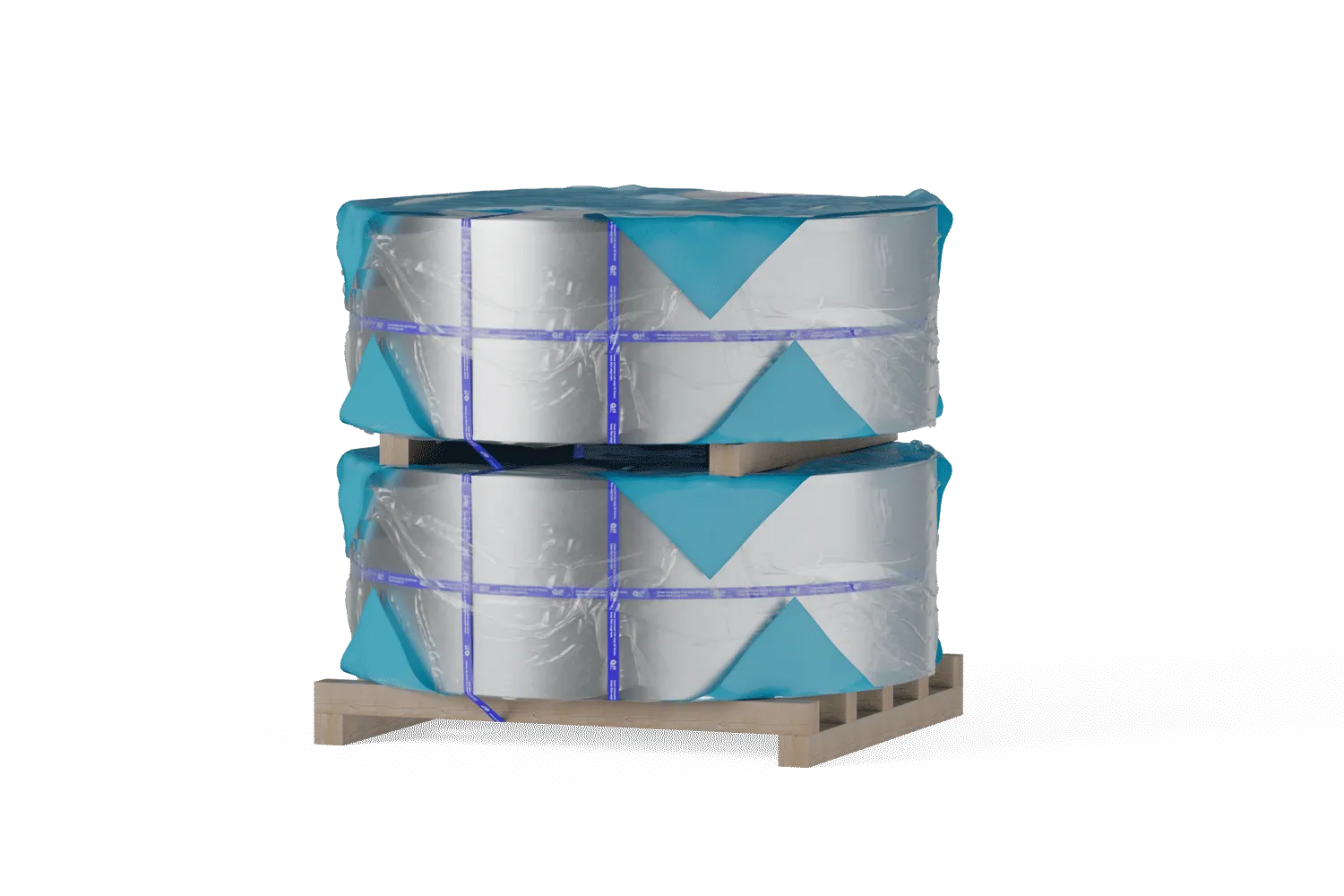 Eye2Sky-Verpackung für Stahlcoils mit Zwischenholz.