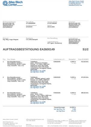 Auftragsbestätigung mit Produkt-, Mengen- und CO₂e-Angaben.