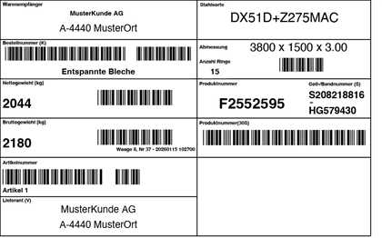 Barcode-Etikett zur Identifikation einer Stahllieferung.
