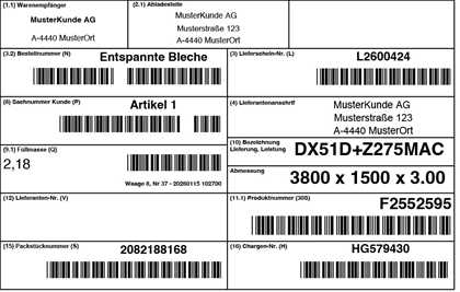 VDA-4902-Etikett zur Kennzeichnung einer Stahllieferung.