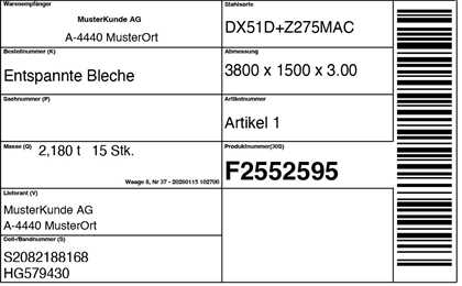 Standardetikett zur Kennzeichnung einer Stahllieferung.