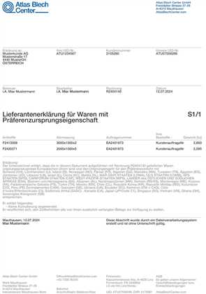 Lieferantenerklärung für Waren mit Präferenzursprungseigenschaft.