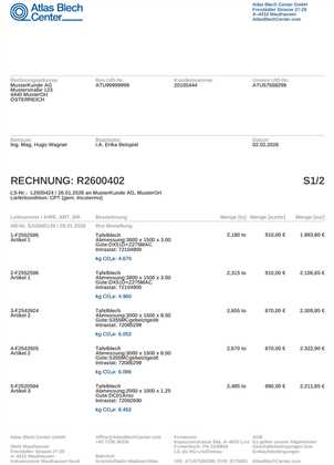 Rechnung mit Stahlprodukten, Mengen, Preisen und CO₂e-Angaben.
