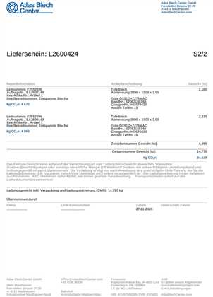 Zweite Seite eines Lieferscheins mit Gesamtgewicht und Empfangsfeldern.