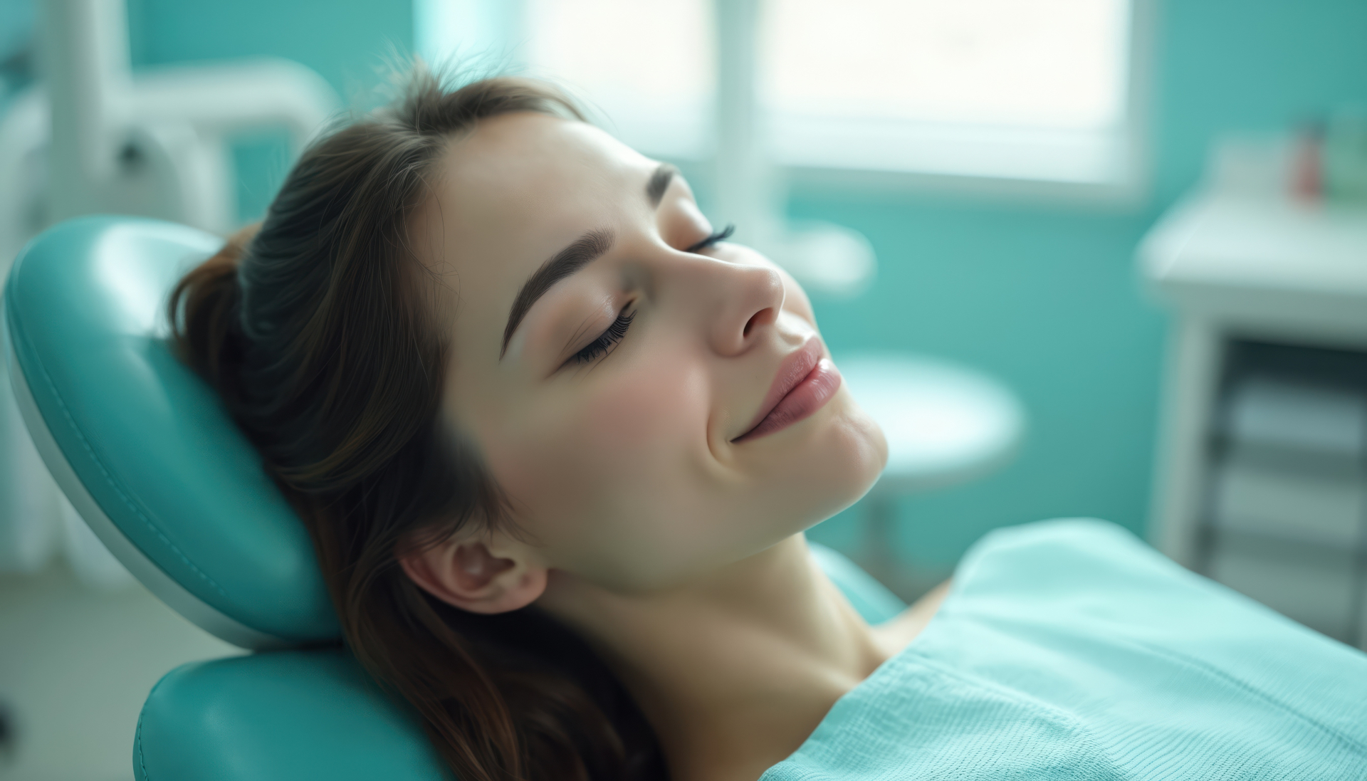 Beautiful woman patient closed eyes in dental clinic during examination in Pasadena, CA