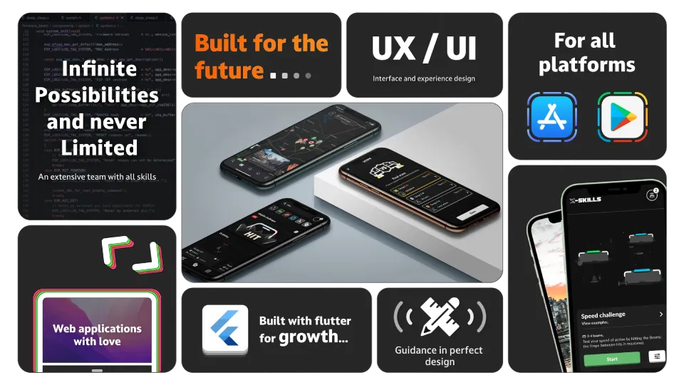 Visuele presentatie van mobile app design en Flutter-ontwikkeling, met focus op UX/UI en multiplatform apps ontworpen door KemX.