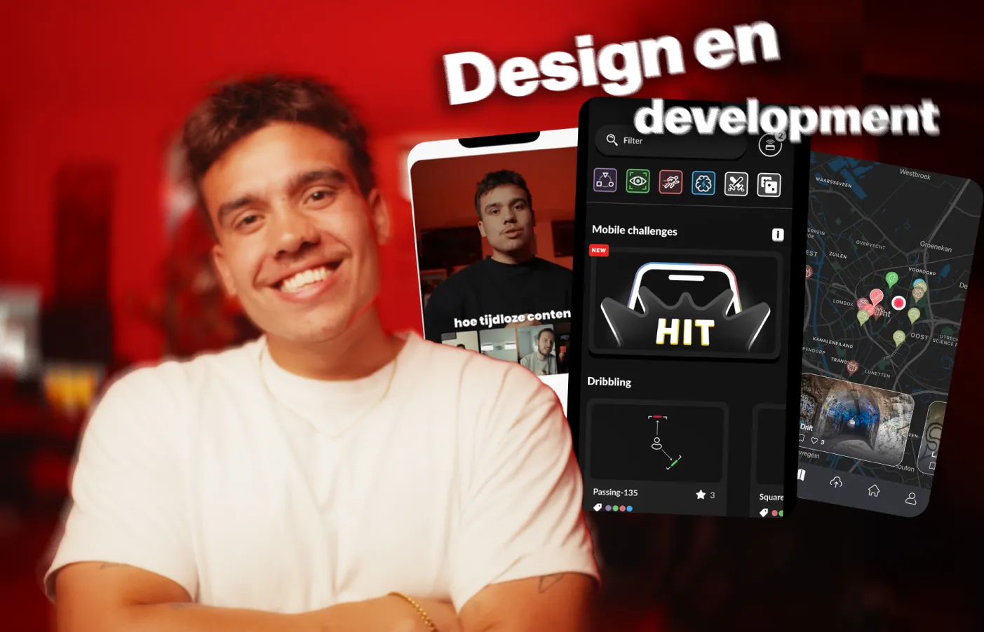 Glimlachende man voor rode achtergrond met visuals van mobiele apps, een kaartinterface en UX/UI design, onder de tekst “Design en development”.