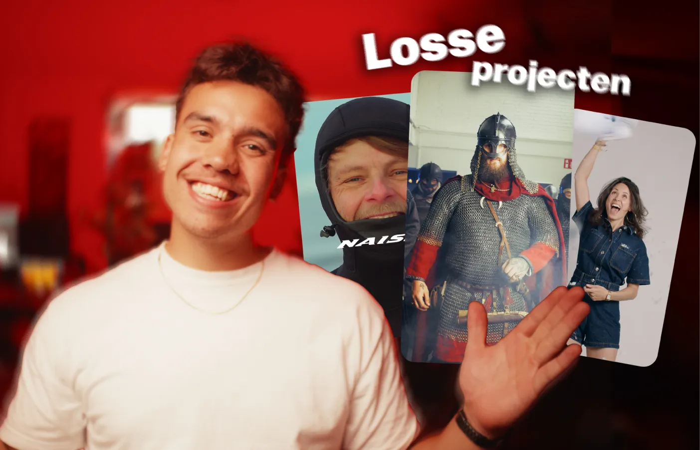 Man wijst naar visuals van uiteenlopende projecten, waaronder een viking, een surfer en een vrouw met confetti, onder de tekst “Losse projecten”.