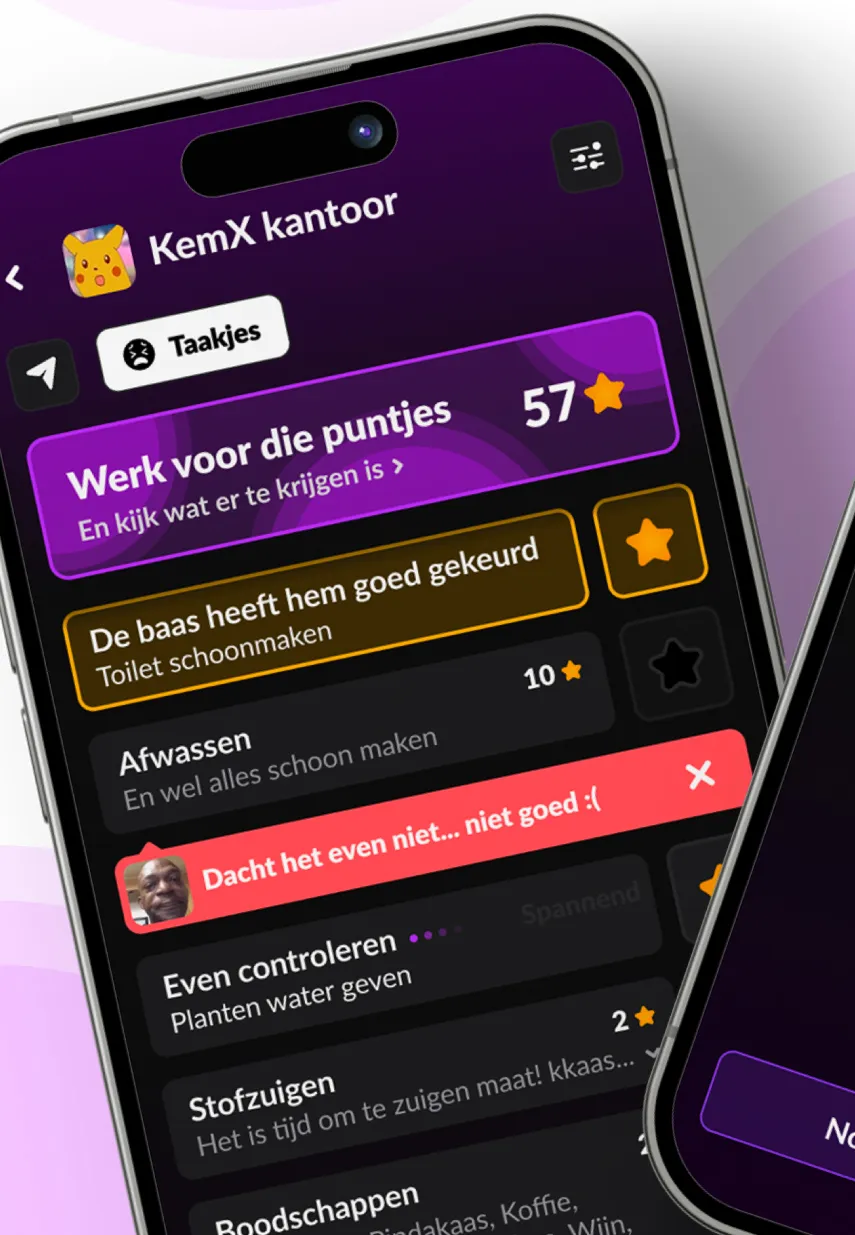 Screenshot van een kleurrijke taken-app met gamification-elementen zoals sterren, scores en feedbackberichten voor kantoorwerkzaamheden.