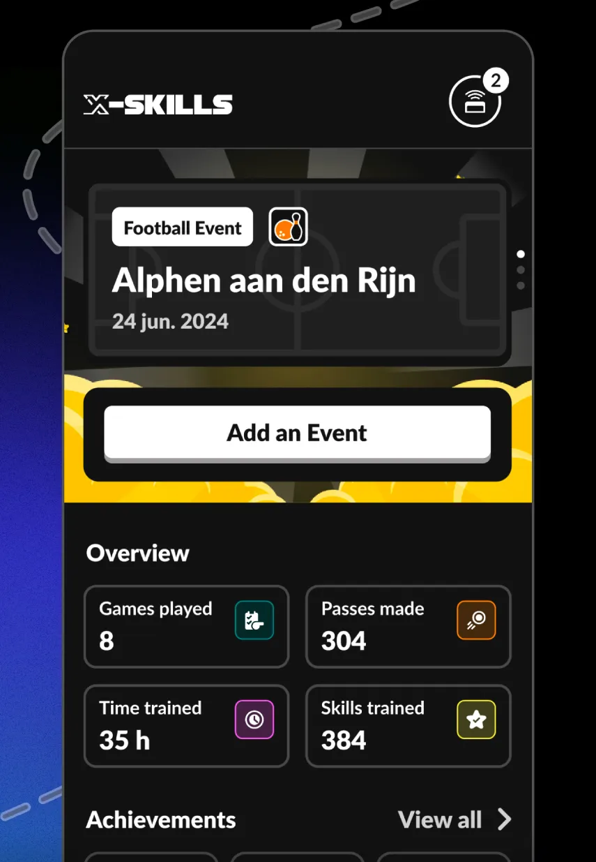 Mobiele interface van X-Skills app met overzicht van een voetbaltraining in Alphen aan den Rijn, inclusief statistieken en prestaties.