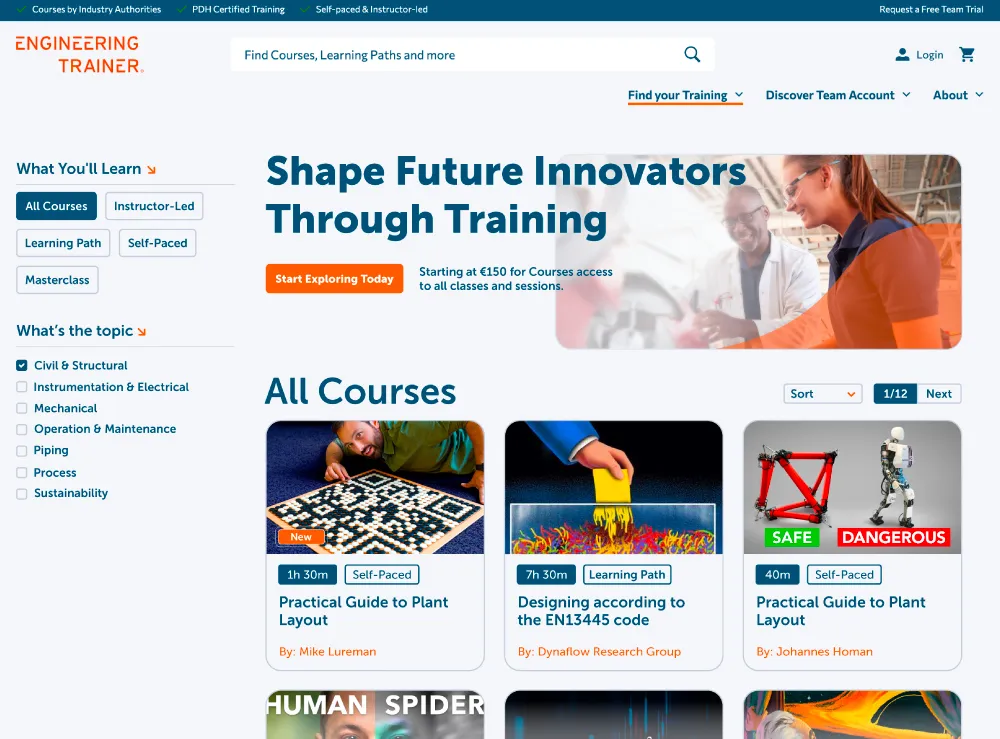 Screenshot van de homepage van EngineeringTrainer.com, met cursussen, thema’s, filters en visuele voorbeelden van technische trainingen.