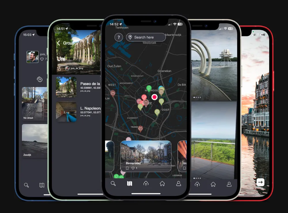 Vijf smartphones tonen een app voor het delen van locatiegebonden foto’s, met een kaart, albums en afbeeldingen van onder andere Amsterdam en Utrecht.