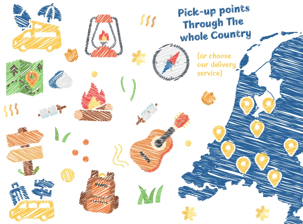 Getekende illustratie van Nederland met gemarkeerde pick-up points voor busverhuur, omringd door kampicoontjes zoals vuur, kaart, gitaar en rugzak.