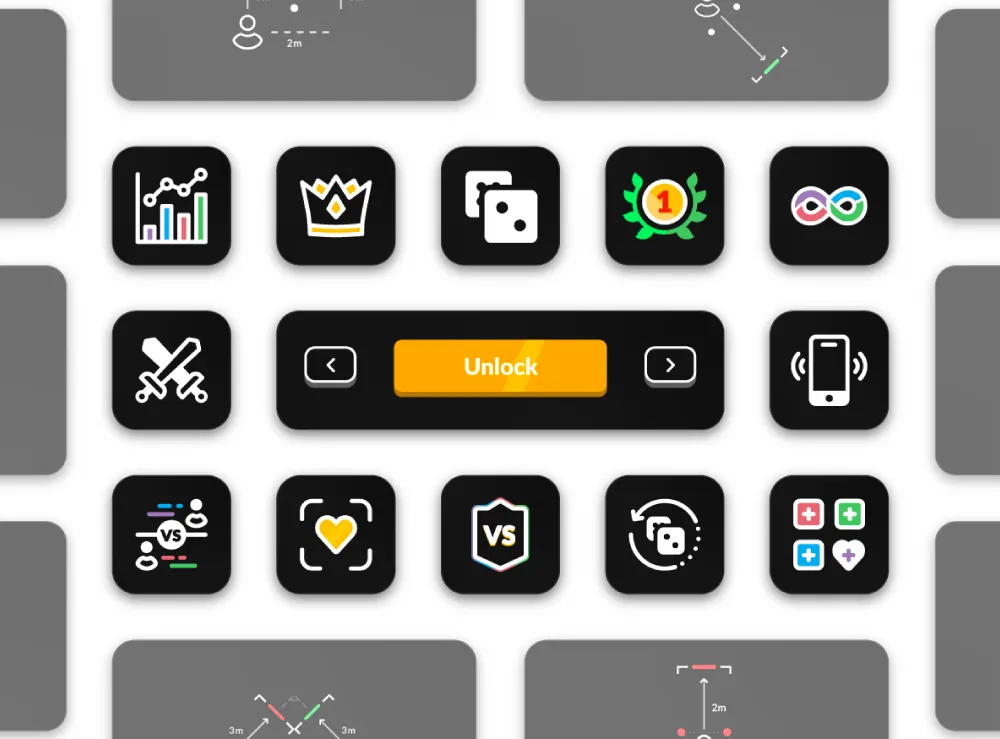 Verzameling van speelse pictogrammen in een raster, met thema’s zoals statistieken, competitie, beloningen en mobiele interactie, rondom een grote gele knop met 'Unlock'.
