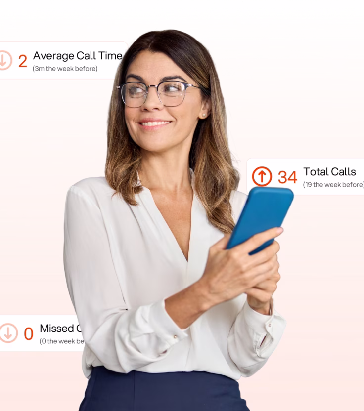 Smiling woman with glasses holding a blue smartphone, with call statistics displayed around her.