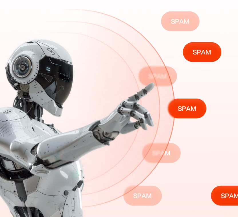 Futuristic robot pointing forward surrounded by red circular waves with multiple 'SPAM' labels.