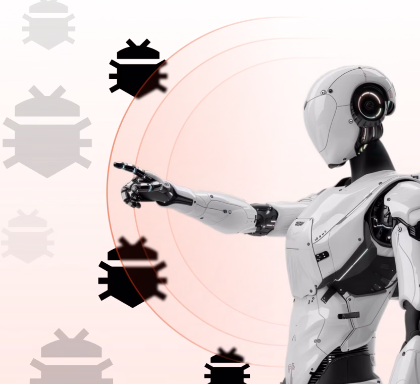 White humanoid robot pointing at black and gray bug icons on a light background with orange circular waves.