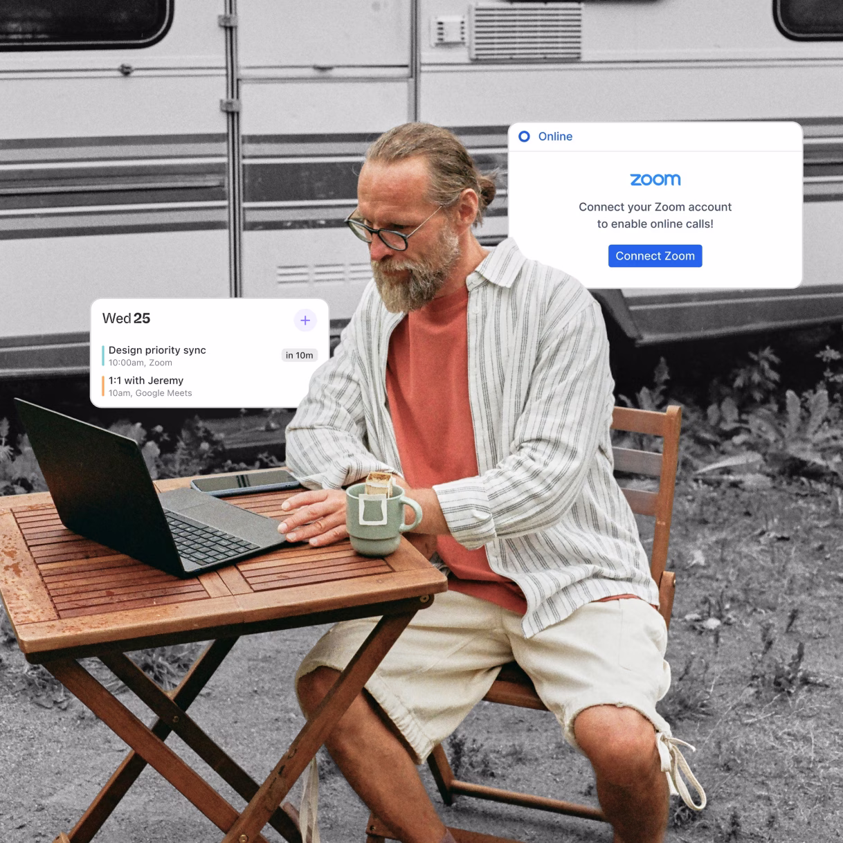 Man with glasses sitting outdoors at a wooden table using a laptop, with calendar and Zoom connection notifications overlaid.