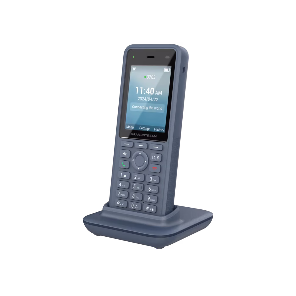 Grey Grandstream cordless desk phone resting on its charging base displaying time 11:40 AM and date 2024/04/22 on screen.