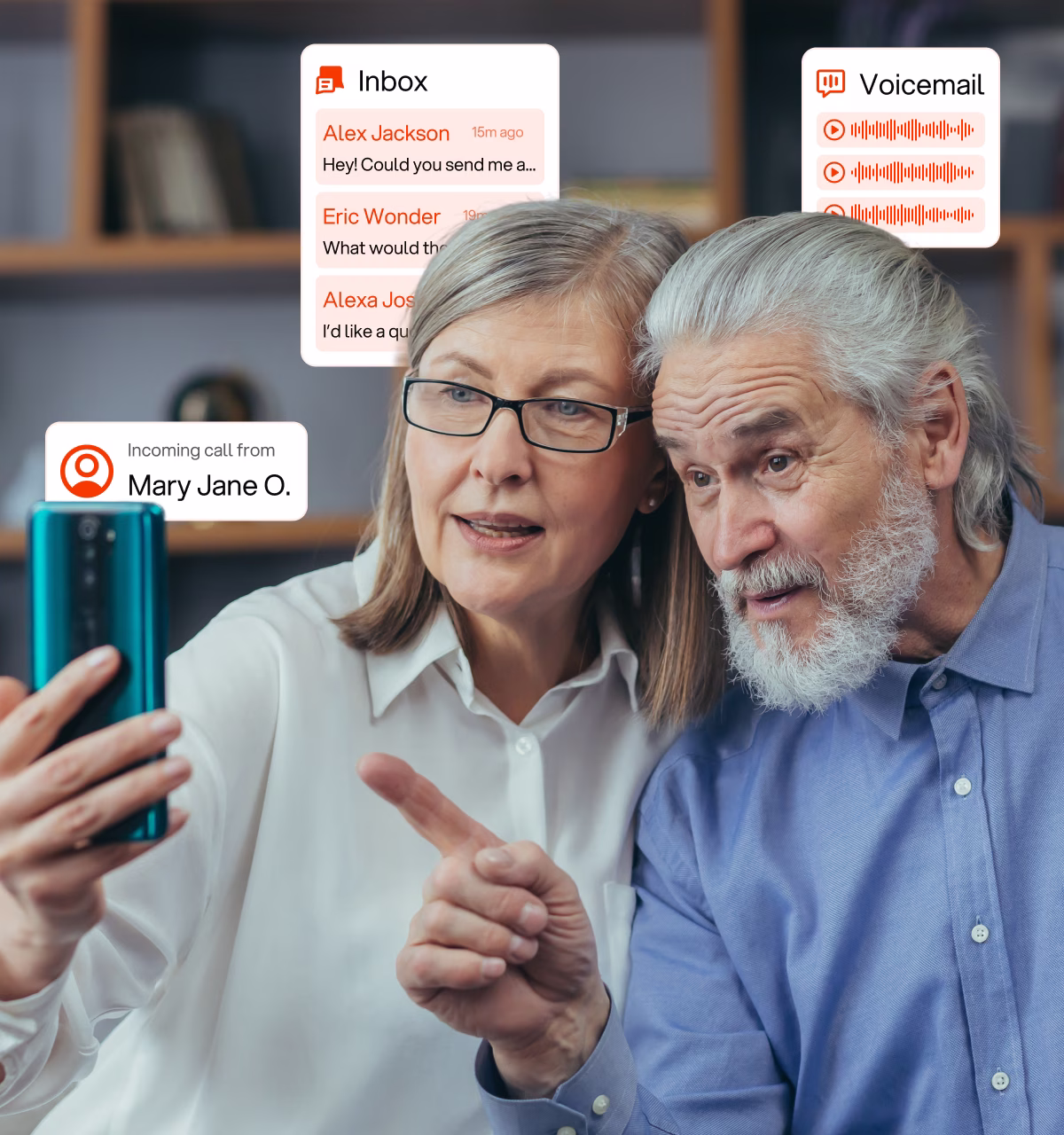 An older woman and man looking at a smartphone screen together with call and message notifications displayed around them.