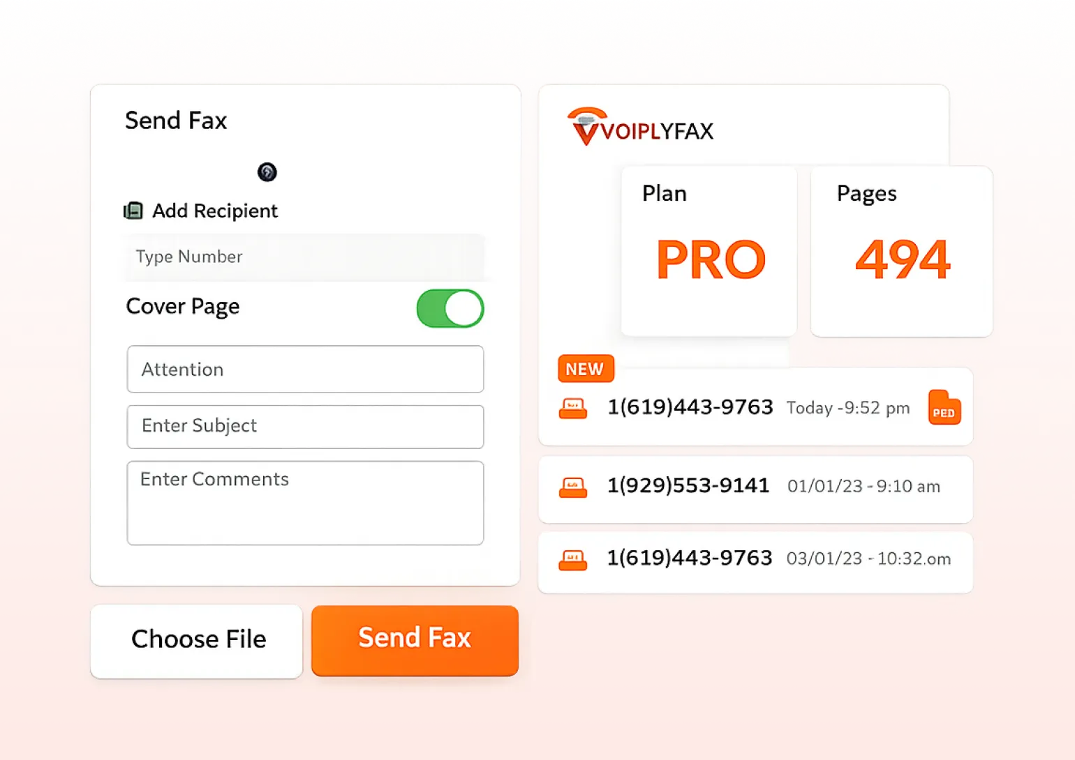 Voiplyfax interface showing send fax form with recipient number field, cover page toggle, subject and comments, file selection, and send button; also displays PRO plan with 494 pages and recent fax activity.