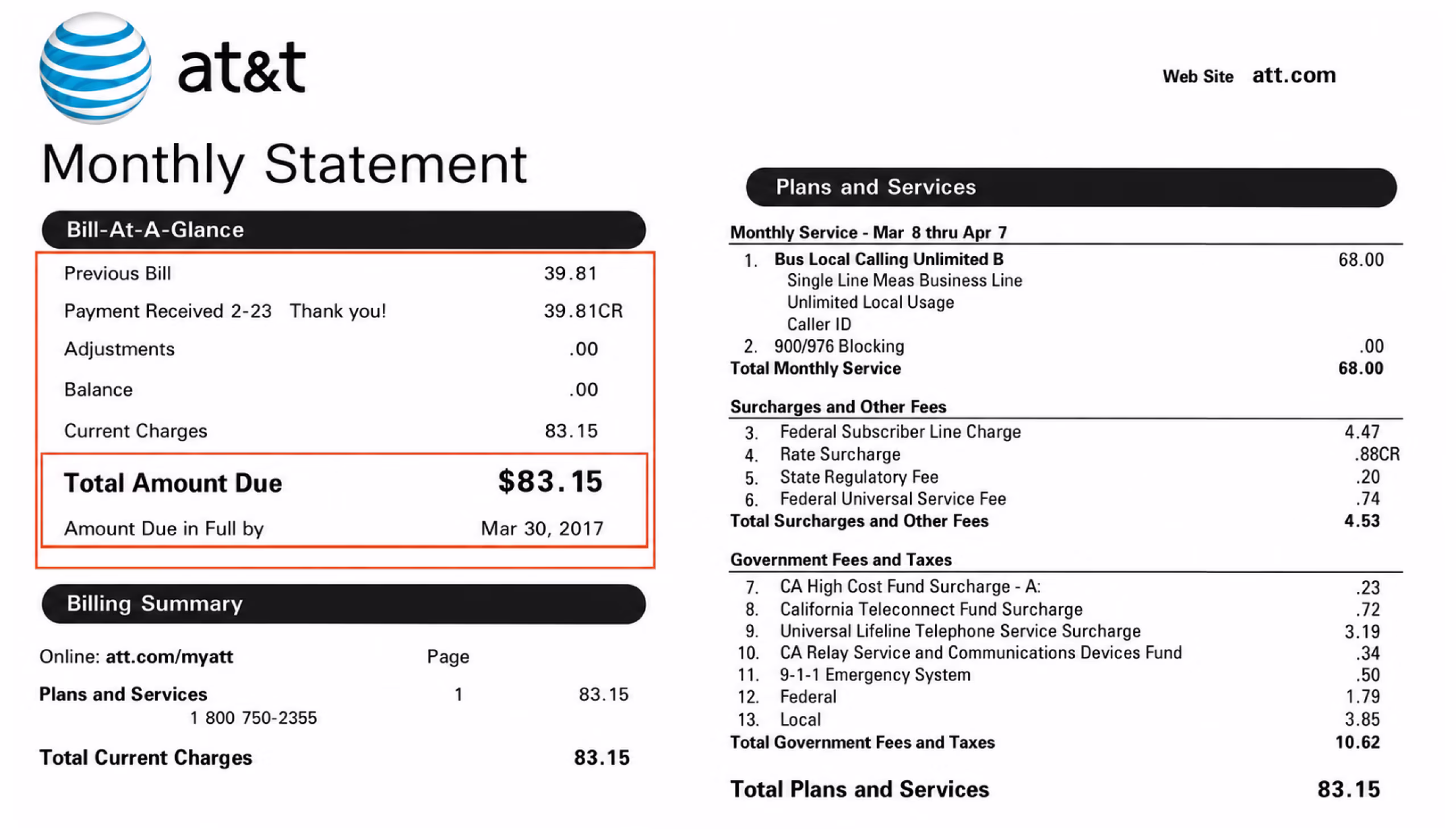 AT&T monthly statement showing total amount due $83.15 by Mar 30, 2017 with service and fees details.