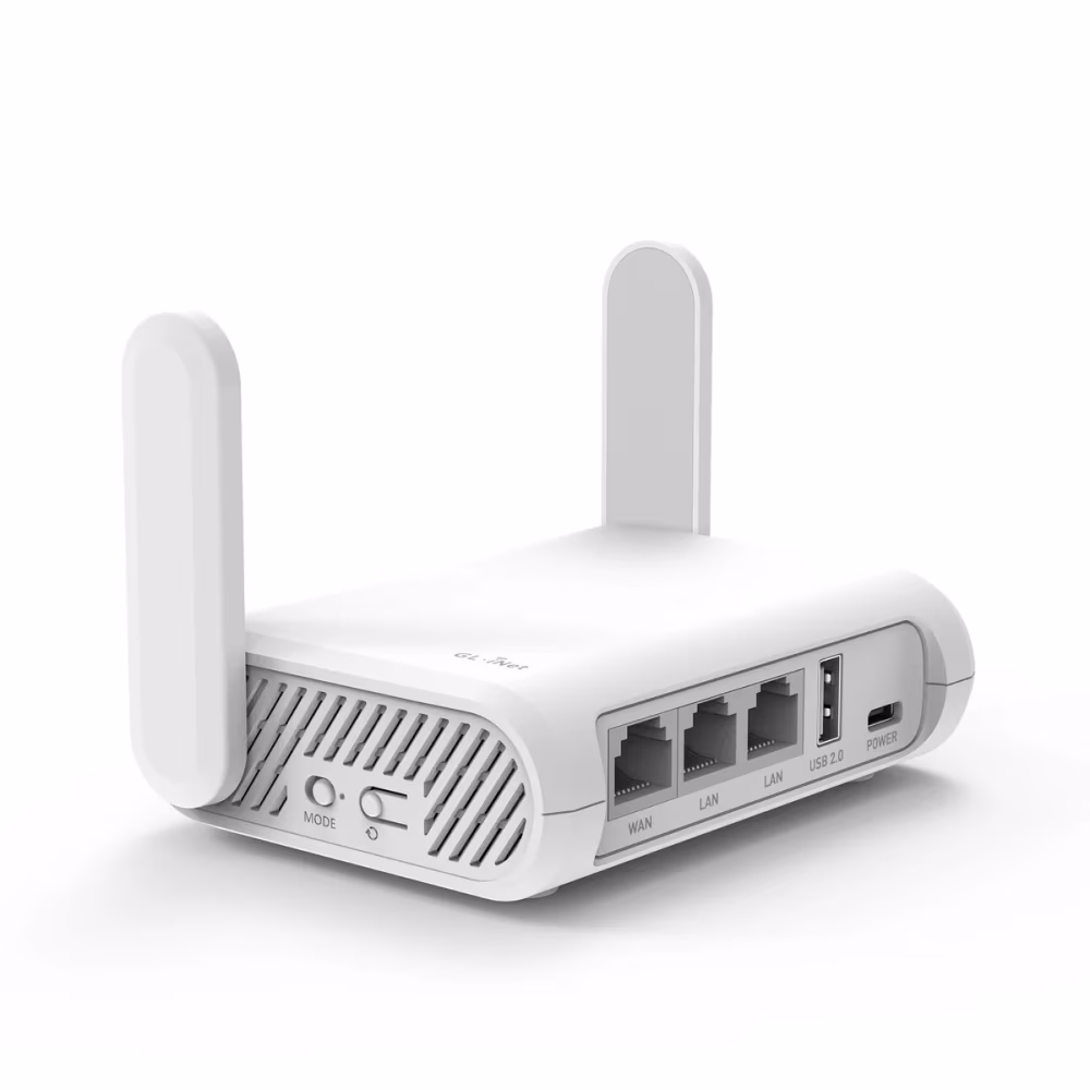 White wireless router with two antennas, WAN, LAN ports, USB 2.0, and power input.