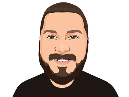 Cartoon portrait of a smiling man with dark hair, beard, and mustache wearing a black shirt.