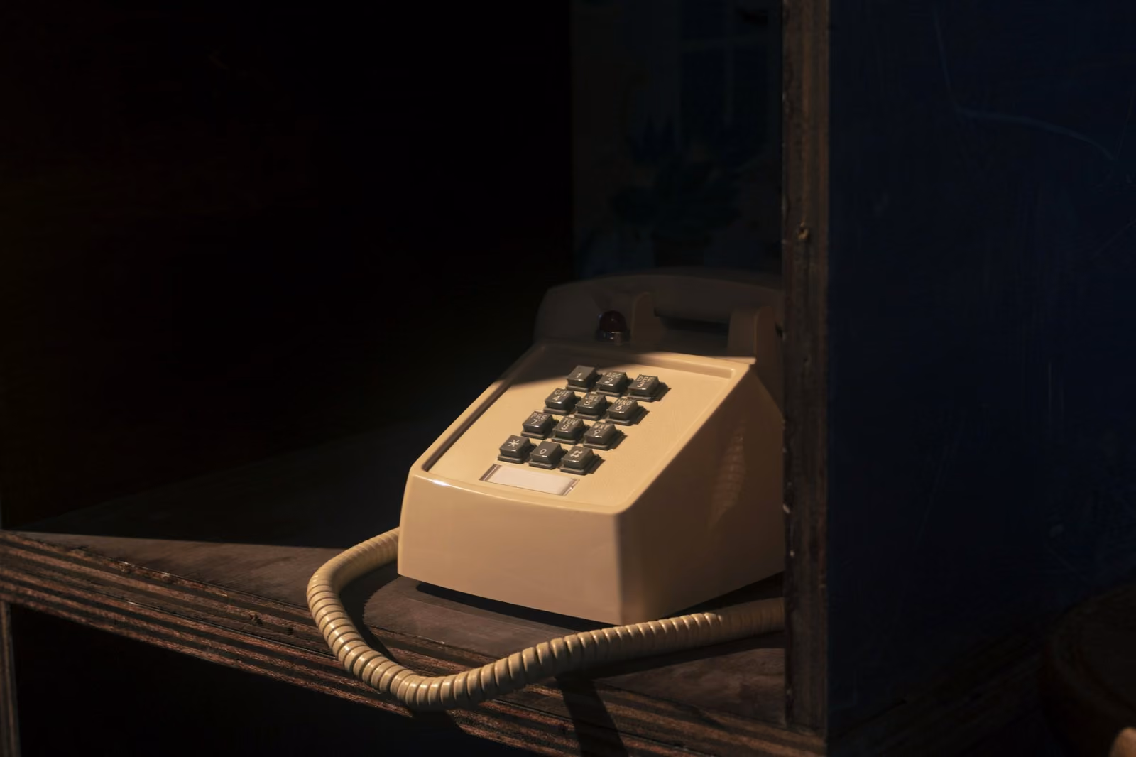 Beige push-button landline phone sitting on a wooden shelf in warm light